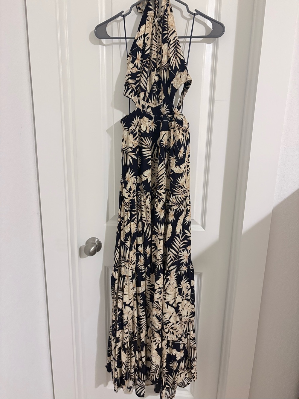 Baltic Born Black and Cream Halter Tropical Maxi Dress